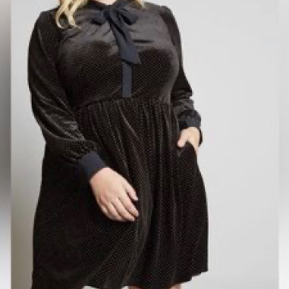 ModCloth black dress with gold dots and neck tie